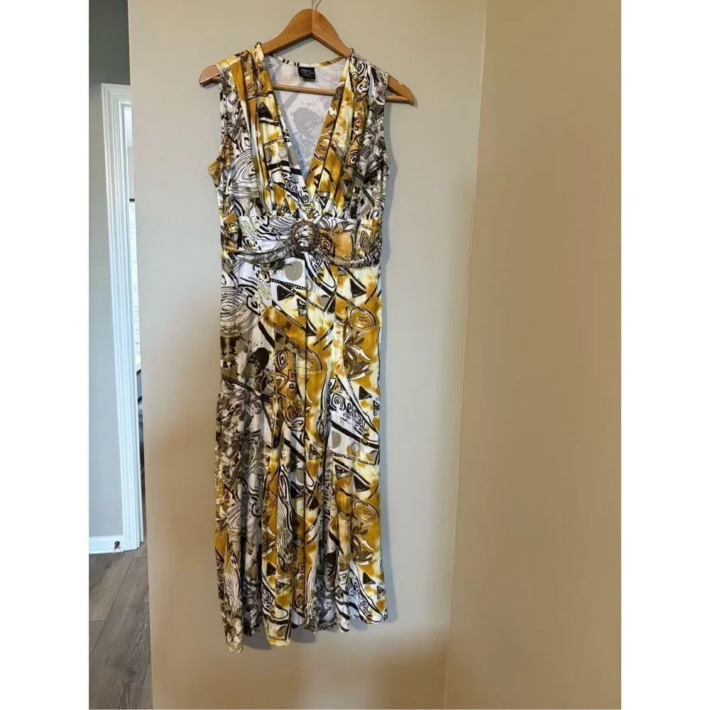 Tribal Women's Size M Sleeveless Stretch Midi Dress Gold Black Abstract Boho